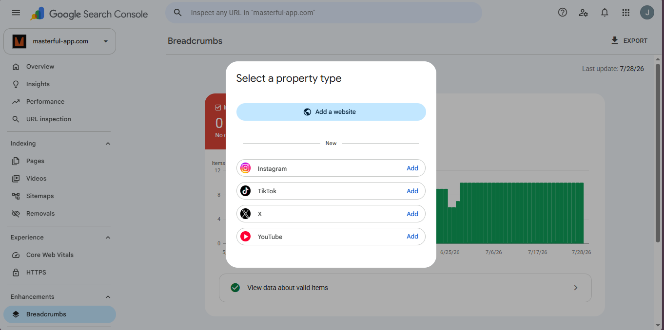 Google Search Console Select a property type dialog. Add a website sits above a New section listing Instagram, TikTok, X and YouTube, each with an Add link.